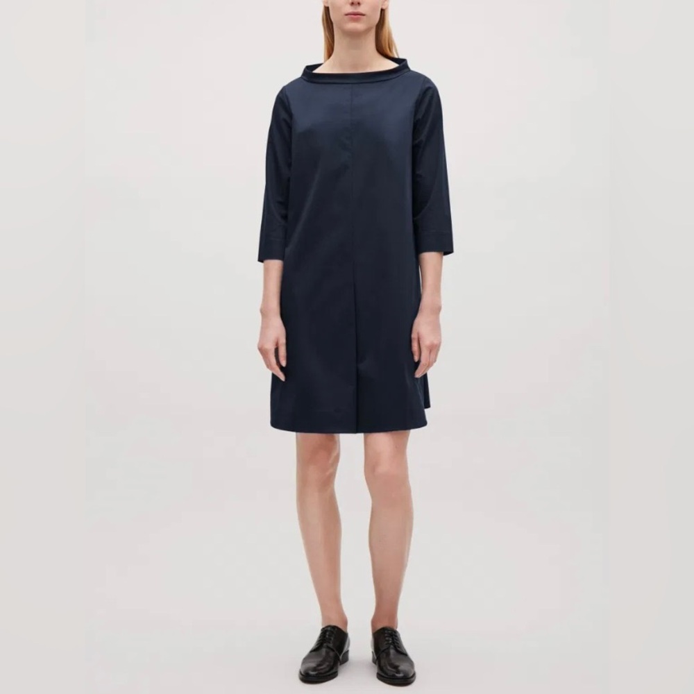 COS Women's Stand Up Collar Cotton Dress Size 6 Navy Blue Quiet Luxury Office